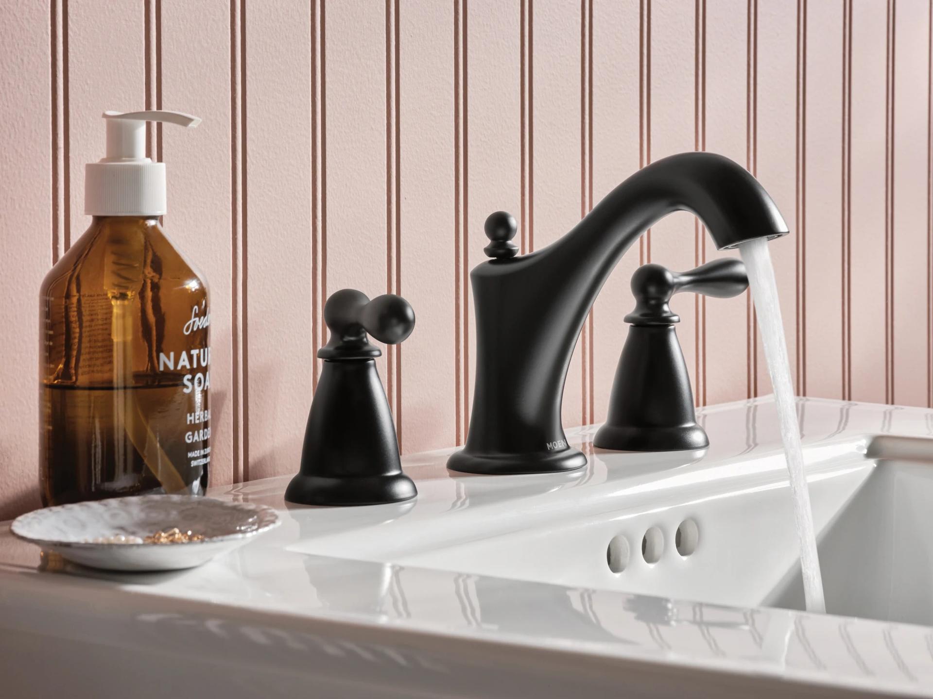 MOEN Caldwell WS84440BL Widespread 2-handle Mid-arc Bathroom Sink Faucet in Matte Black (Drain Included)