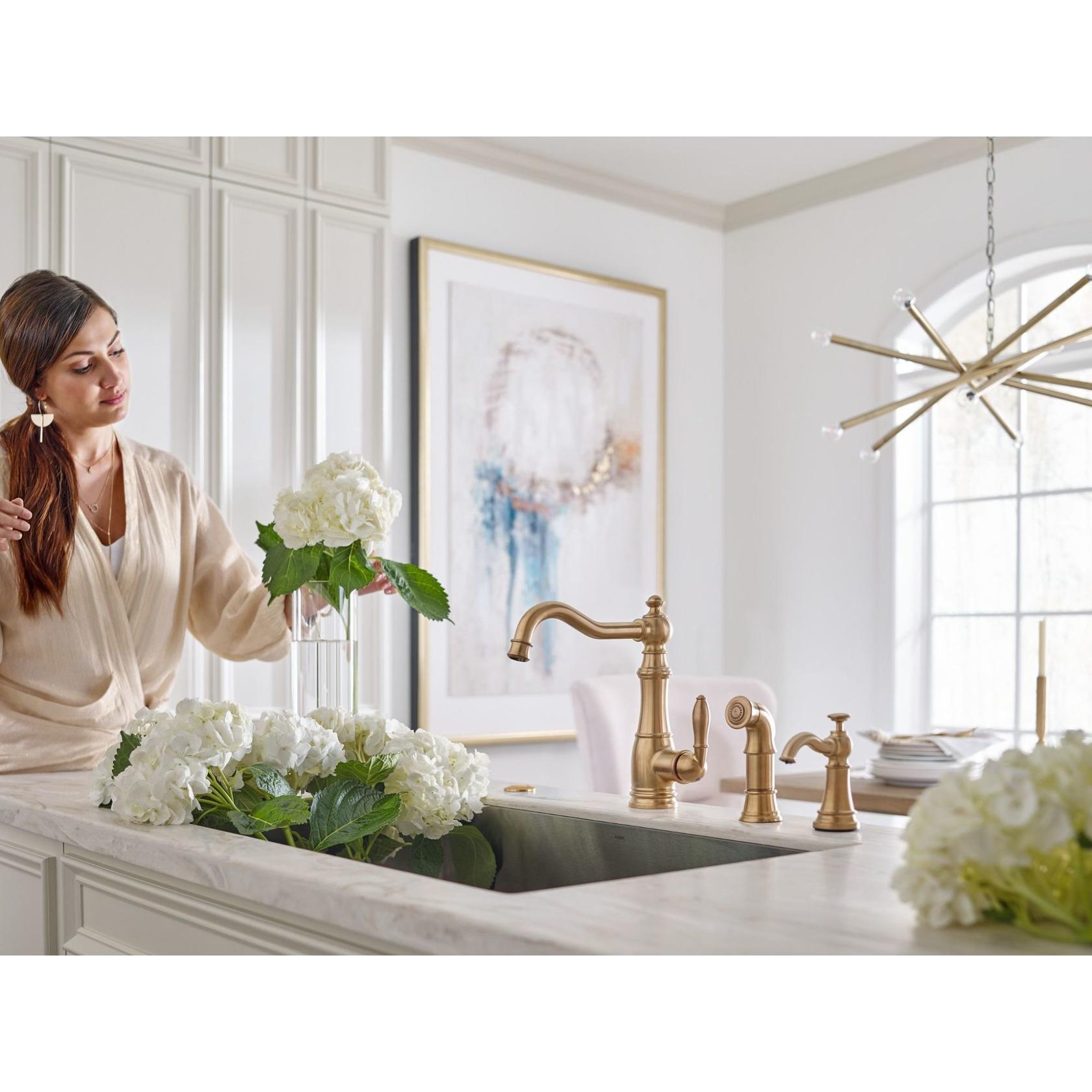 MOEN S3945BG Traditional Deck Mounted Kitchen Soap Dispenser with Above the Sink Refillable Bottle in Brushed Gold
