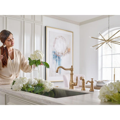MOEN S3945BG Traditional Deck Mounted Kitchen Soap Dispenser with Above the Sink Refillable Bottle in Brushed Gold