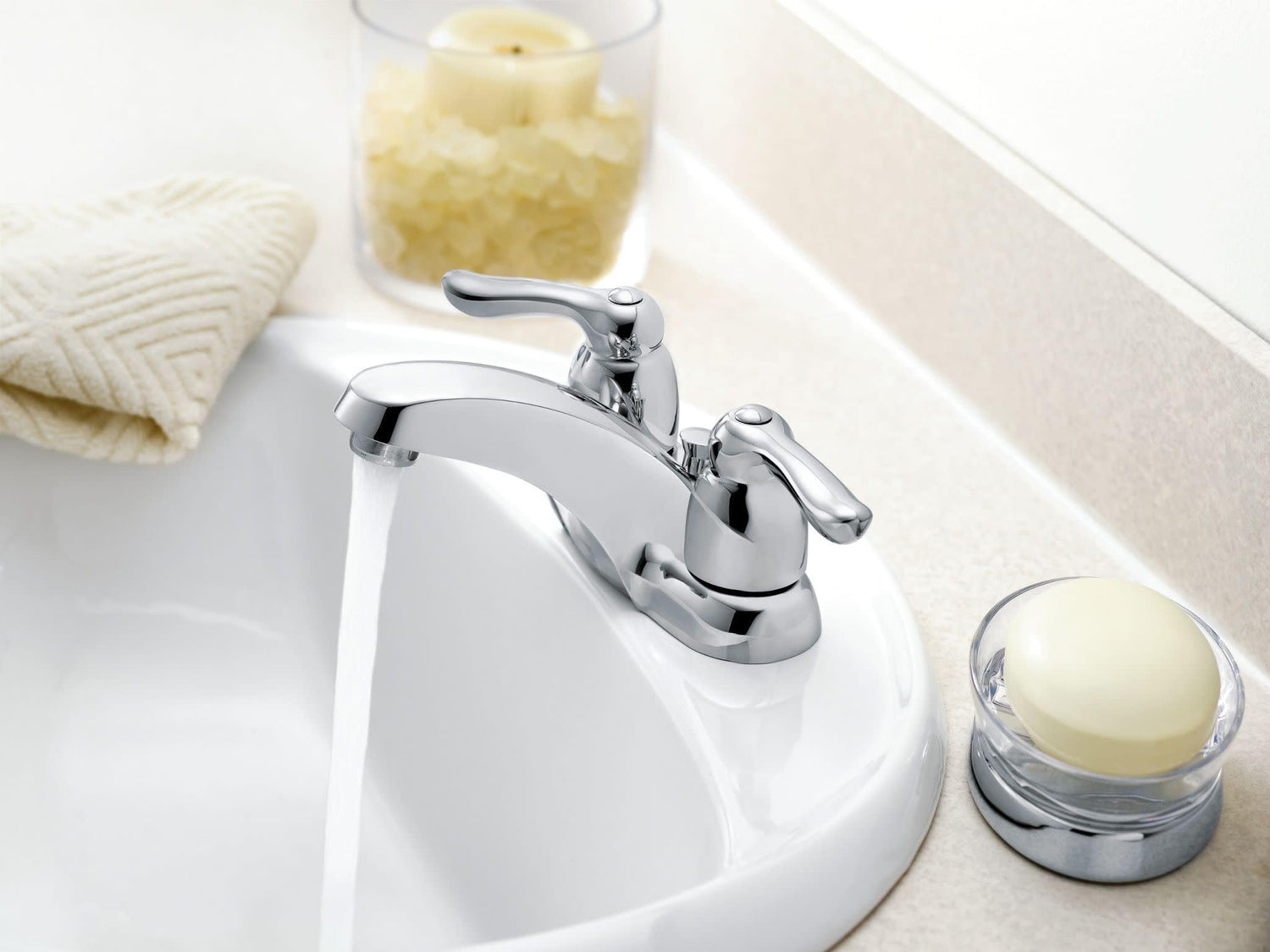 MOEN Chateau 4925 Two-Handle Low Arc Bathroom Sink Faucet in Chrome (Drain Included)