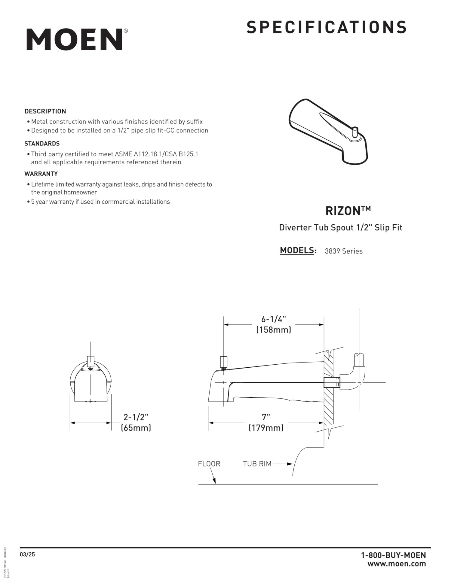 Moen 3839BN Tub Spout with Lift Diverter, 7-Inch, Slip Fit CC Connection, Brushed Nickel Finish