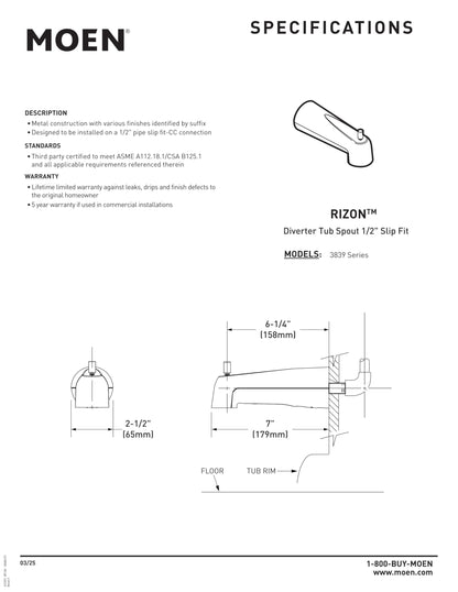 Moen 3839BN Tub Spout with Lift Diverter, 7-Inch, Slip Fit CC Connection, Brushed Nickel Finish