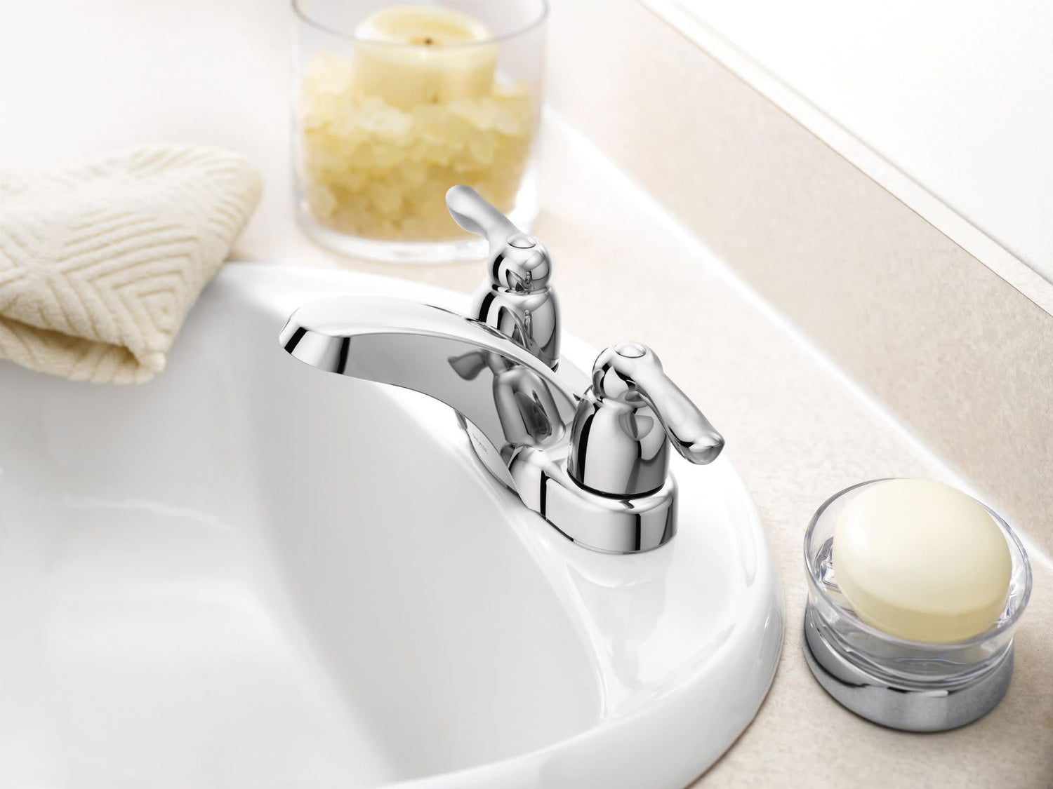 MOEN Chateau 4925 Two-Handle Low Arc Bathroom Sink Faucet in Chrome (Drain Included)