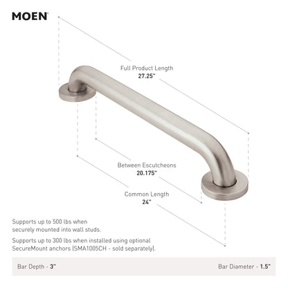 Moen Polished Stainless Bathroom Safety 24-Inch Shower Grab Bar with Concealed Screws for Handicapped or Elderly, R8924