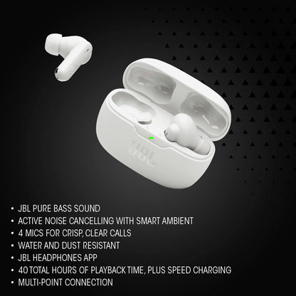 JBL Vibe Beam 2 - True Wireless Noise Cancelling Earbuds with JBL Pure Bass Sound &amp; Smart Ambient technology, 4mics for crisp, clear calls, up to 40Hrs of Playback, IP54 Dust &amp; Water resistant (Black)
