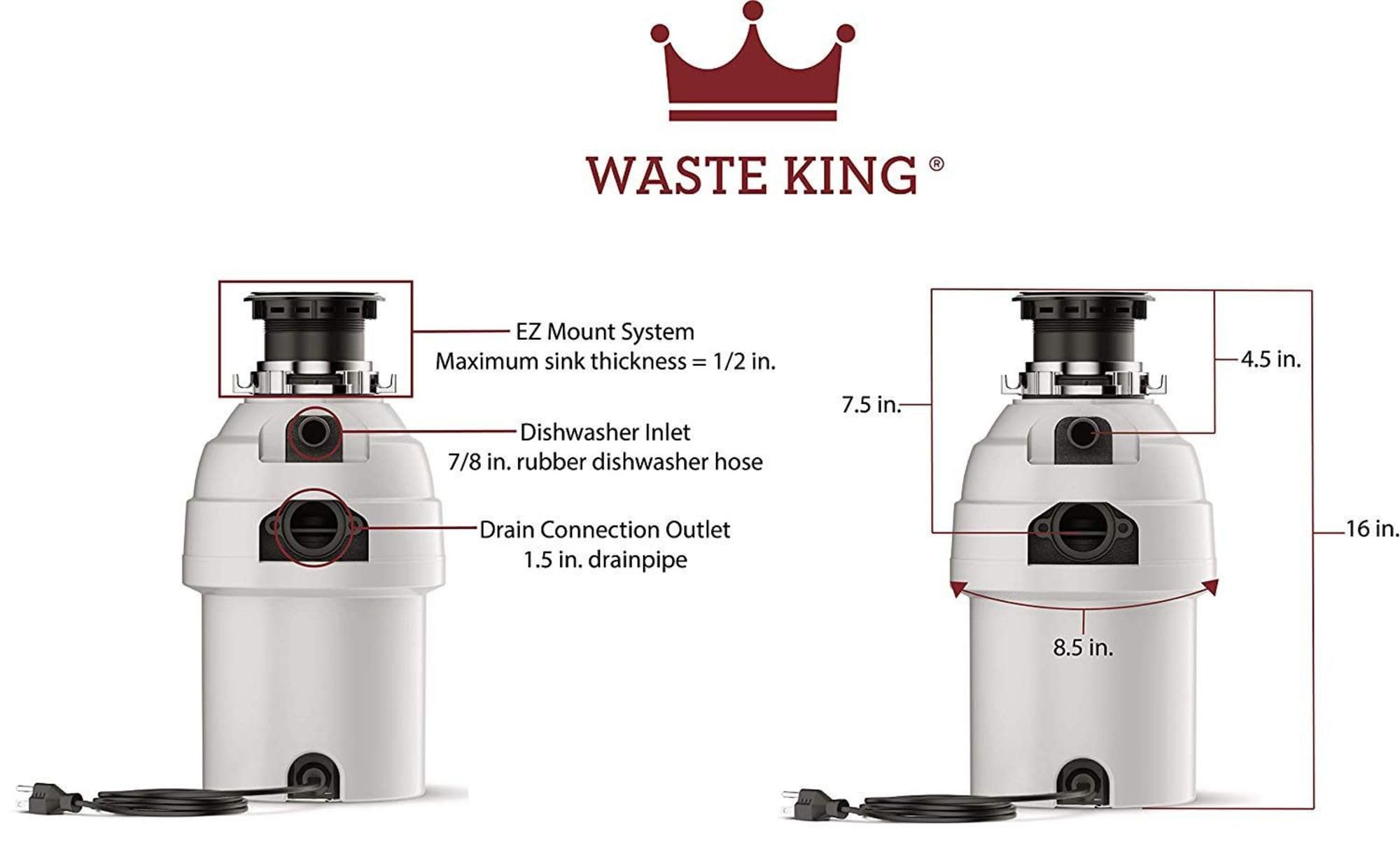 Waste King Batch Feed Garbage Disposal for Kitchen Sink with Power Cord, L-5000TC