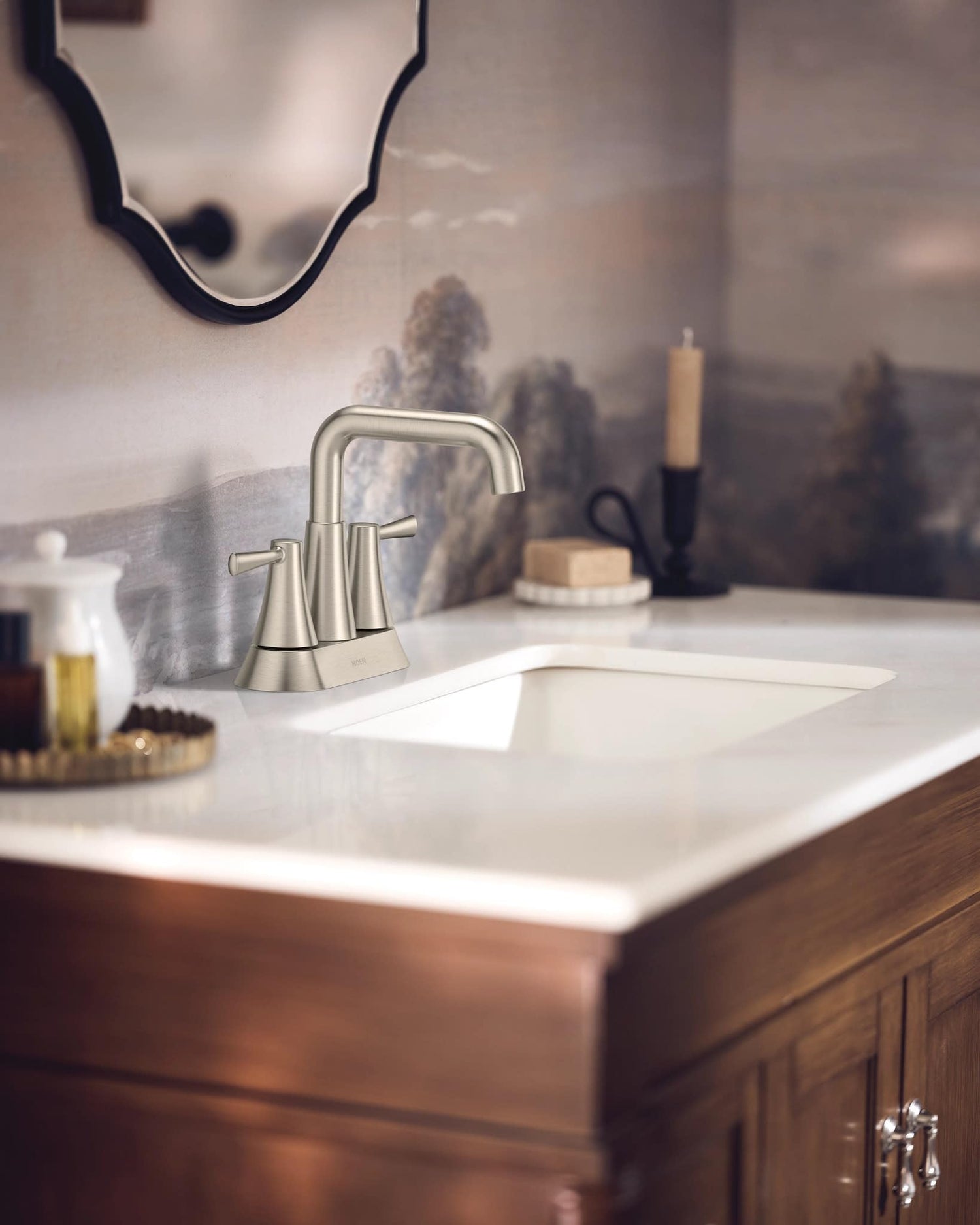 MOEN Ronan 84025SRN Two-Handle 4 in. Centerset Bathroom Faucet in Spot Resist Brushed Nickel
