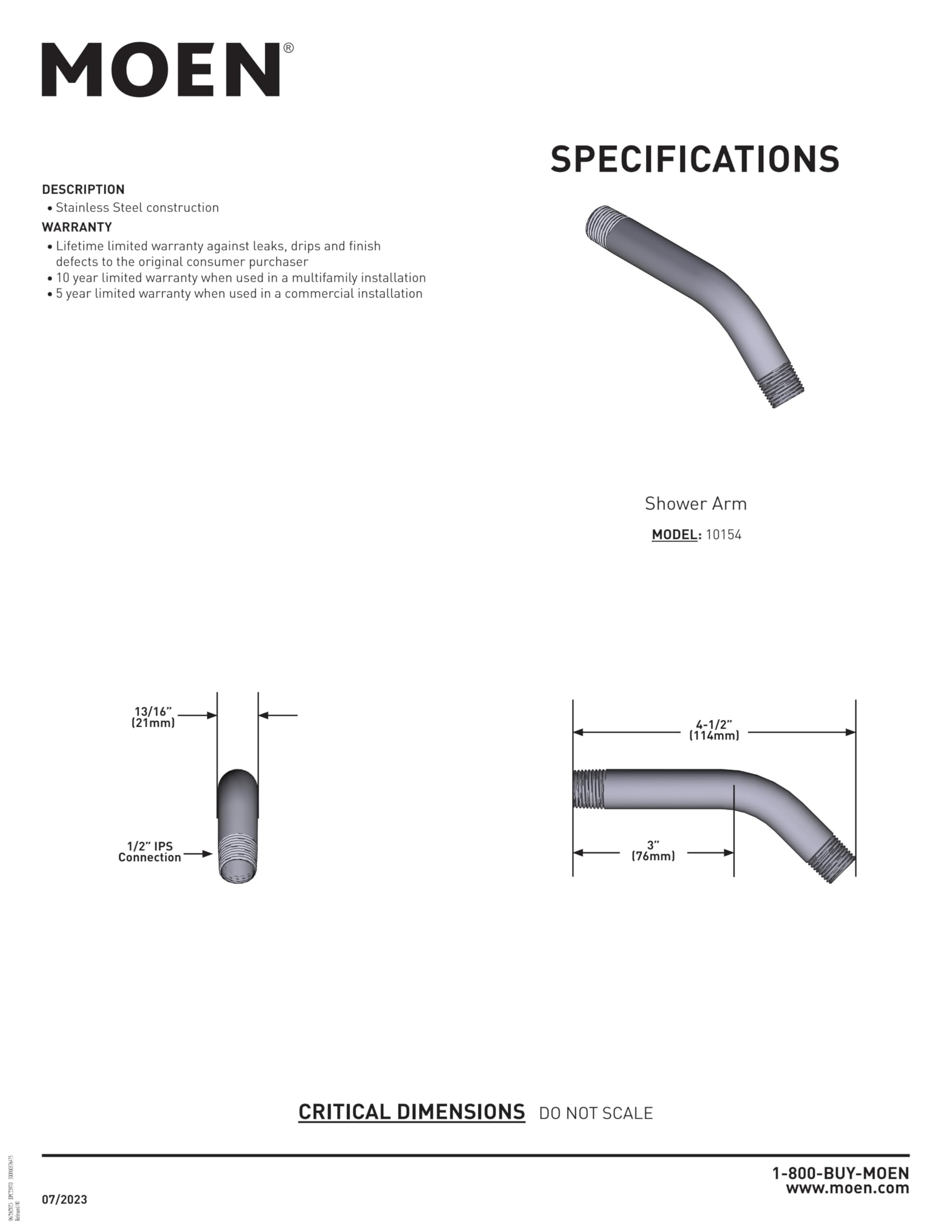 Moen Shower Arm With 1/2-Inch IPS Connections, 6-Inch, Brushed Nickel, 10154BN