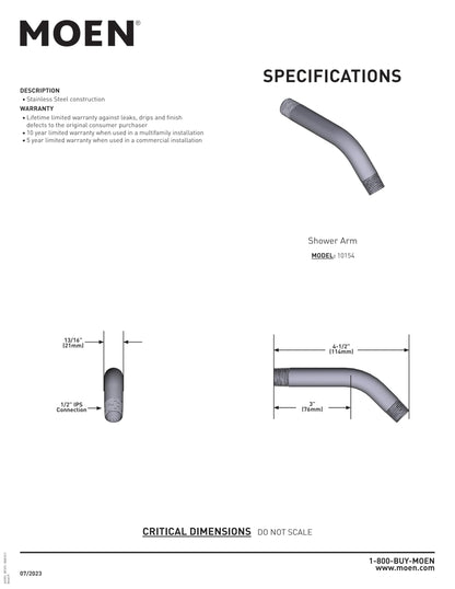 Moen Shower Arm With 1/2-Inch IPS Connections, 6-Inch, Brushed Nickel, 10154BN