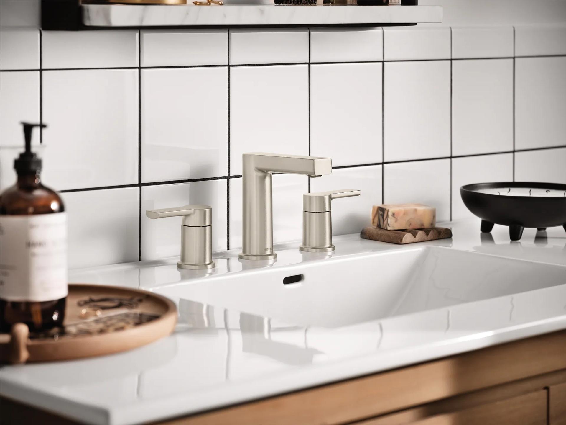 MOEN Rinza 84629SRN Widespread Double Handle Bathroom Faucet in Spot Resist Brushed Nickel