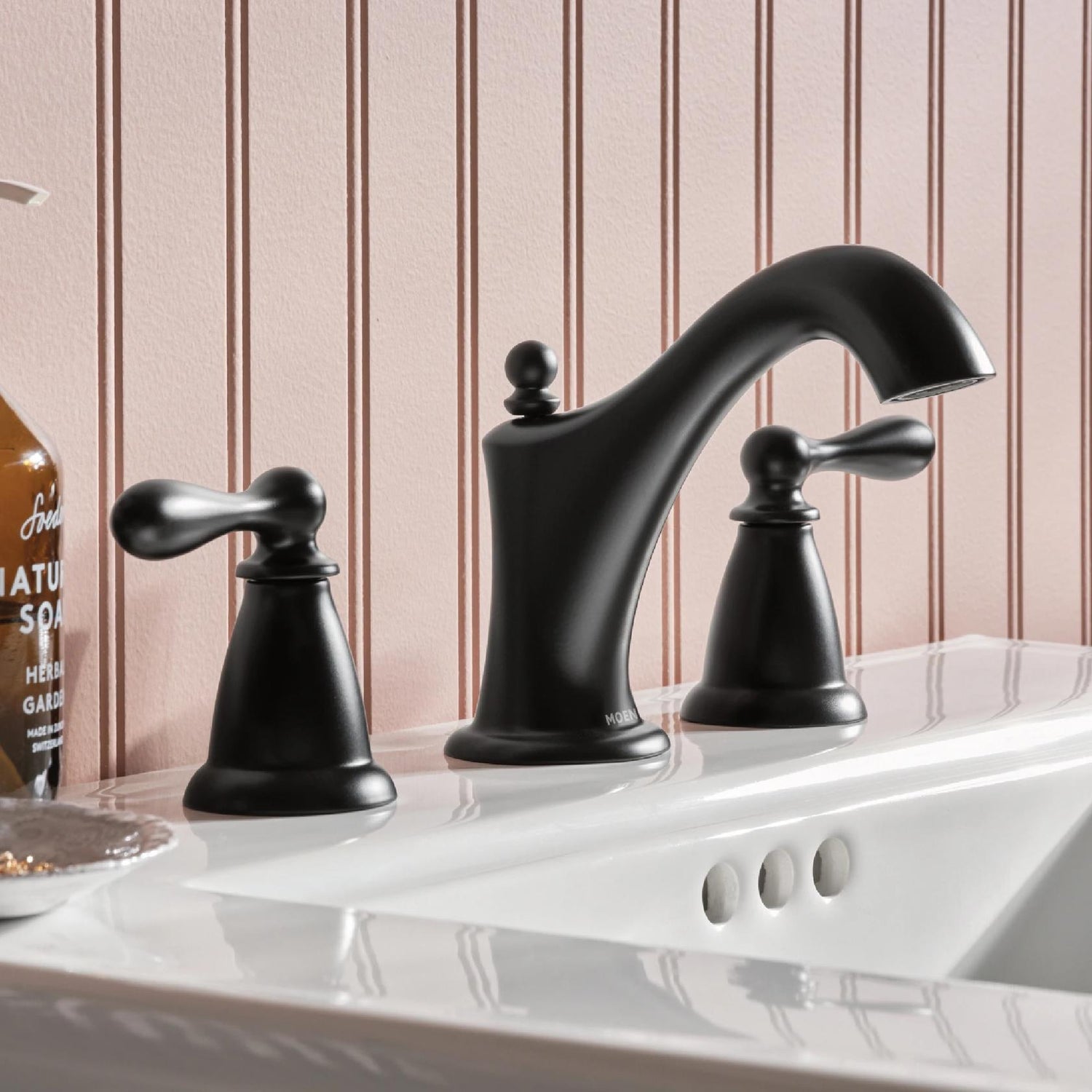 MOEN Caldwell WS84440BL Widespread 2-handle Mid-arc Bathroom Sink Faucet in Matte Black (Drain Included)
