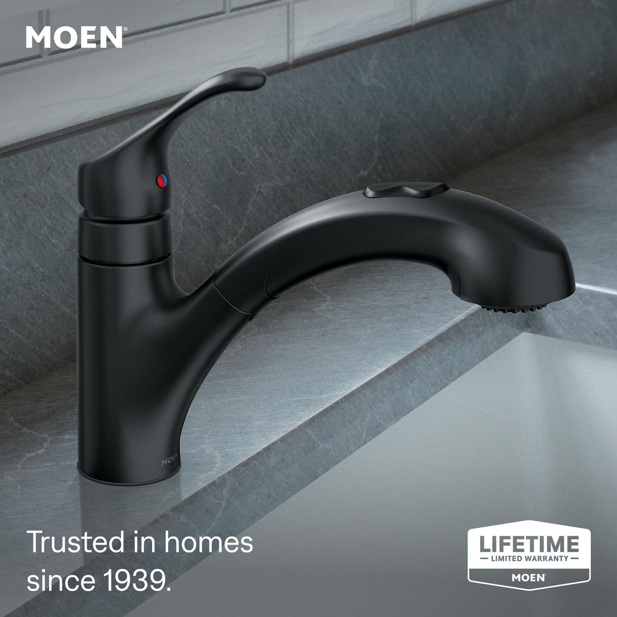 MOEN Renzo CA87316BL One-Handle Pullout Kitchen Faucet with Sprayer, Matte Black