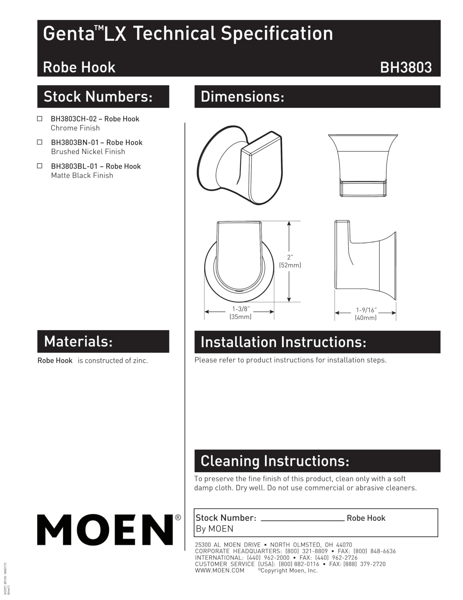 Moen Genta LX Modern Single Robe Hook or Towel Hanger for Kitchen or Bathroom, Matte Black, BH3803BL