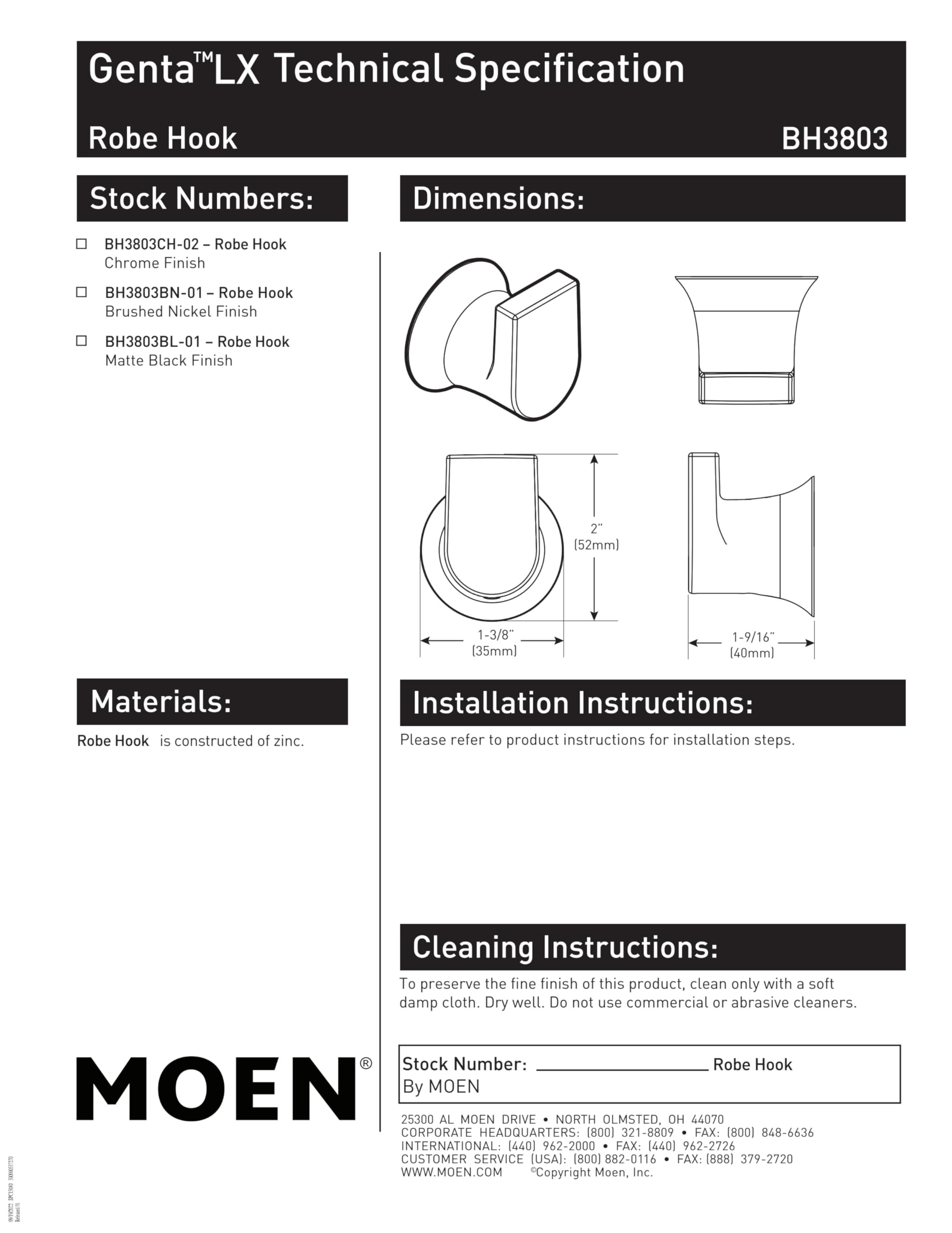 Moen Genta LX Modern Single Robe Hook or Towel Hanger for Kitchen or Bathroom, Matte Black, BH3803BL