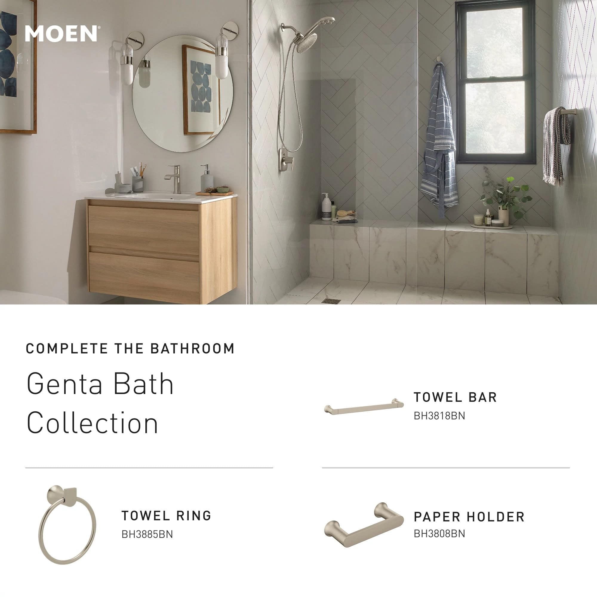 Moen Genta LX Modern Single Kitchen or Bathroom Towel Bar, 24-Inch, Brushed Nickel, BH3824BN