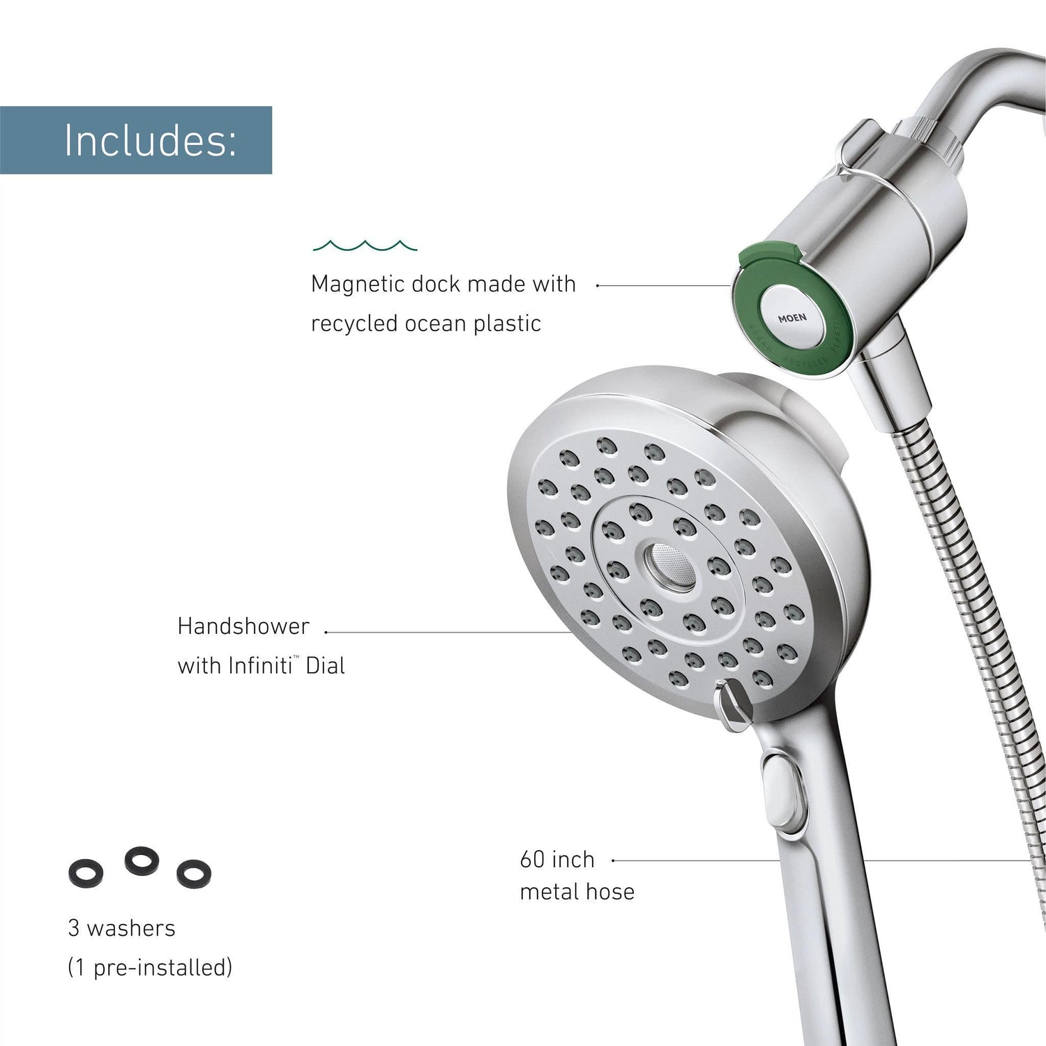 Moen Verso Chrome Handshower, Detachable Round Shower Head with Magnetix Docking System and 60" Hose, 220H2