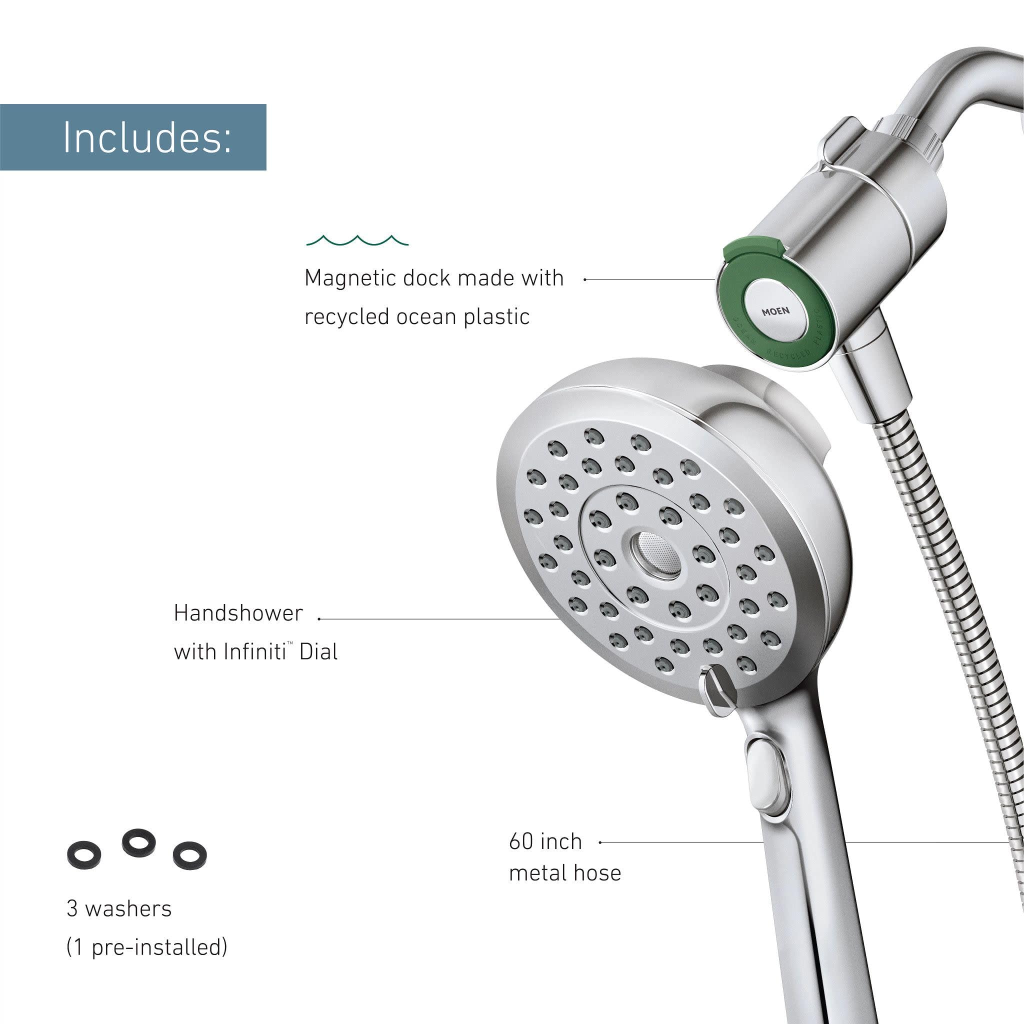 Moen Verso Chrome Handshower, Detachable Round Shower Head with Magnetix Docking System and 60" Hose, 220H2