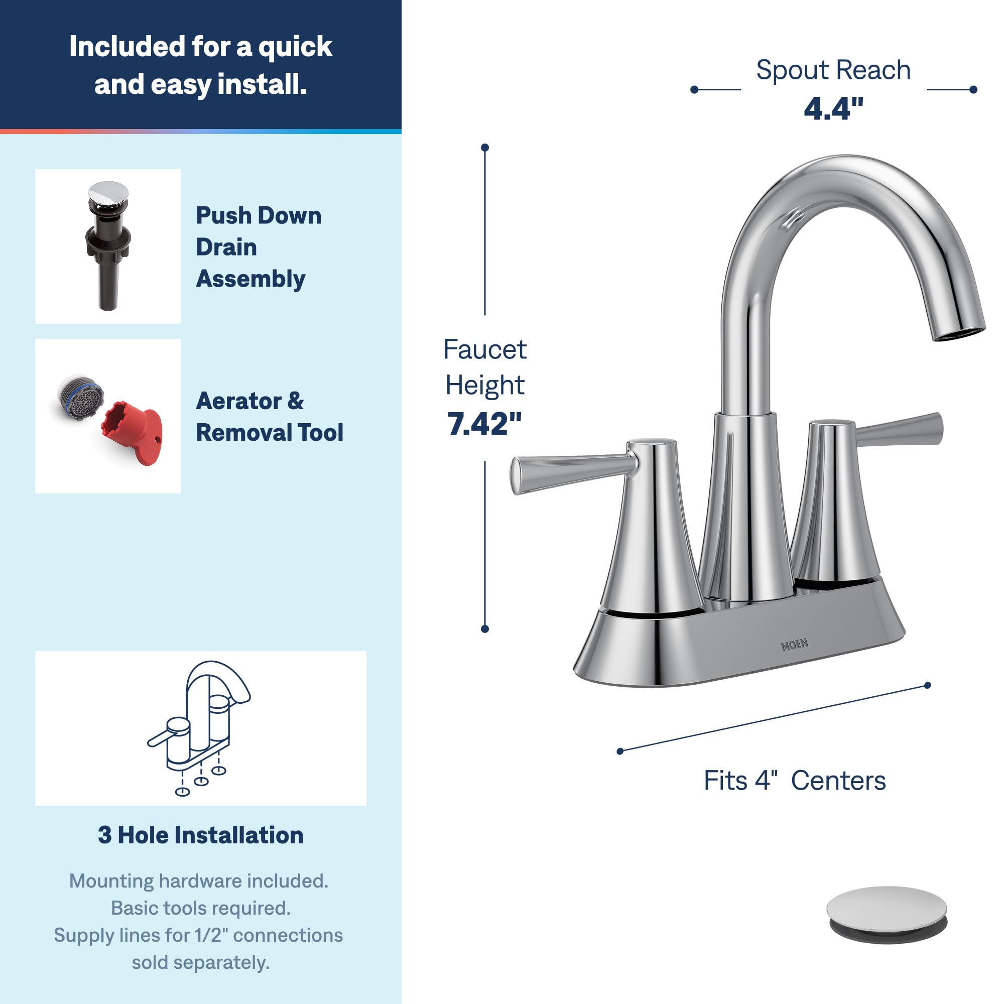 MOEN Ronan 84022 Two-Handle 4-Inch Centerset Bathroom Faucet in Chrome (Drain Included)