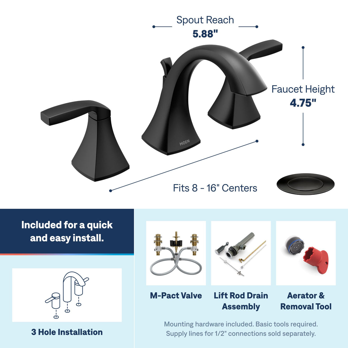 MOEN Voss TV6905BL Widespread Bathroom Sink Faucet, Matte Black (Valve Included)