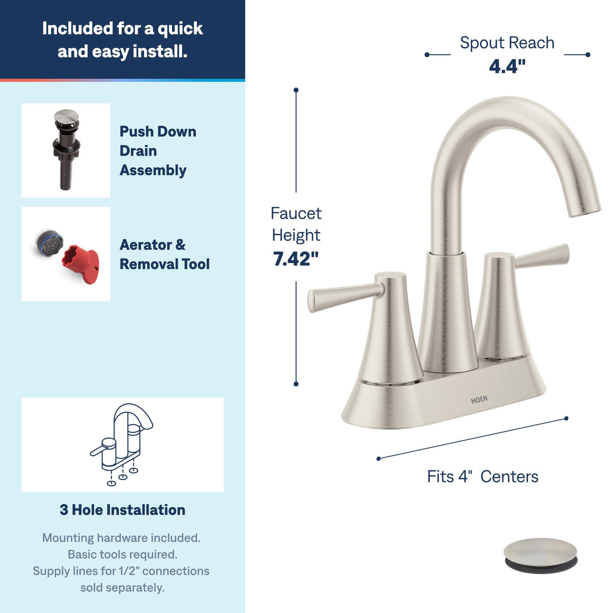 MOEN Ronan 84022SRN Centerset Bathroom Faucet in Nickel (Drain &amp; Valve Included)