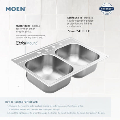 MOEN 2000 Series GS20214B 31-3/4" x 18-1/4" 50/50 Double-Bowl Undermount Kitchen Sink in Brushed Stainless Steel