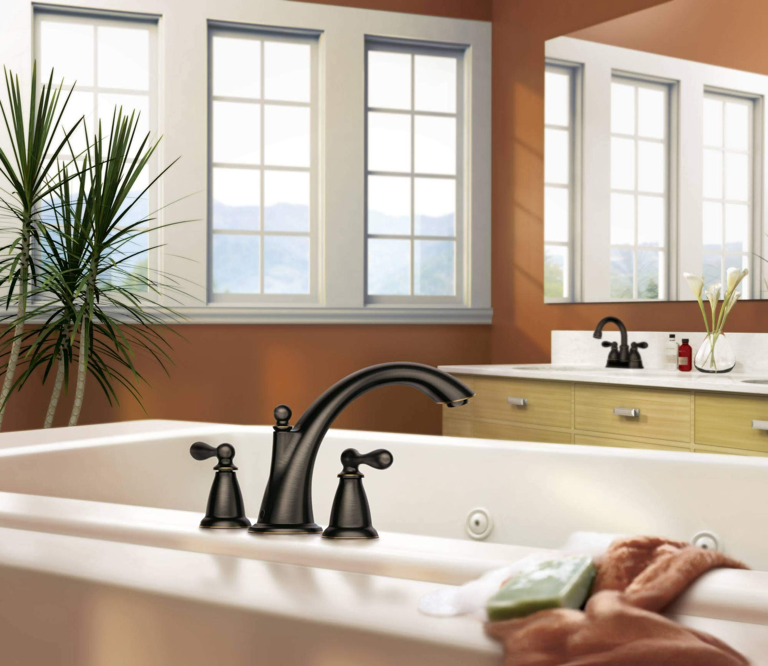 MOEN Caldwell 86440BRB Two Handle Roman Tub Faucet Trim in Mediterranean Bronze (Valve Included)