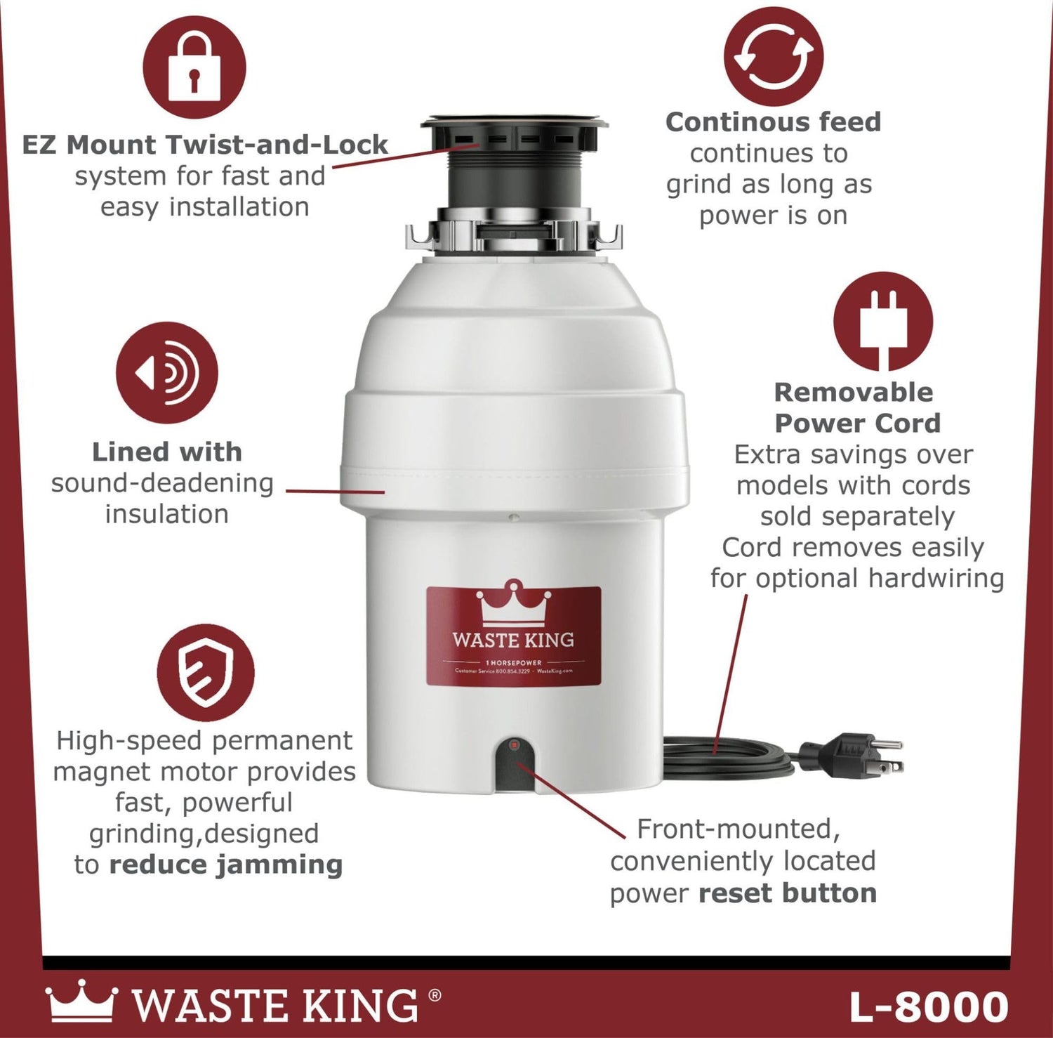 Waste King Batch Feed Garbage Disposal for Kitchen Sink with Power Cord, L-5000TC