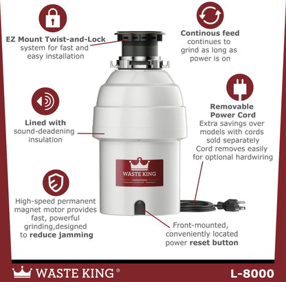 Waste King Batch Feed Garbage Disposal for Kitchen Sink with Power Cord, L-5000TC