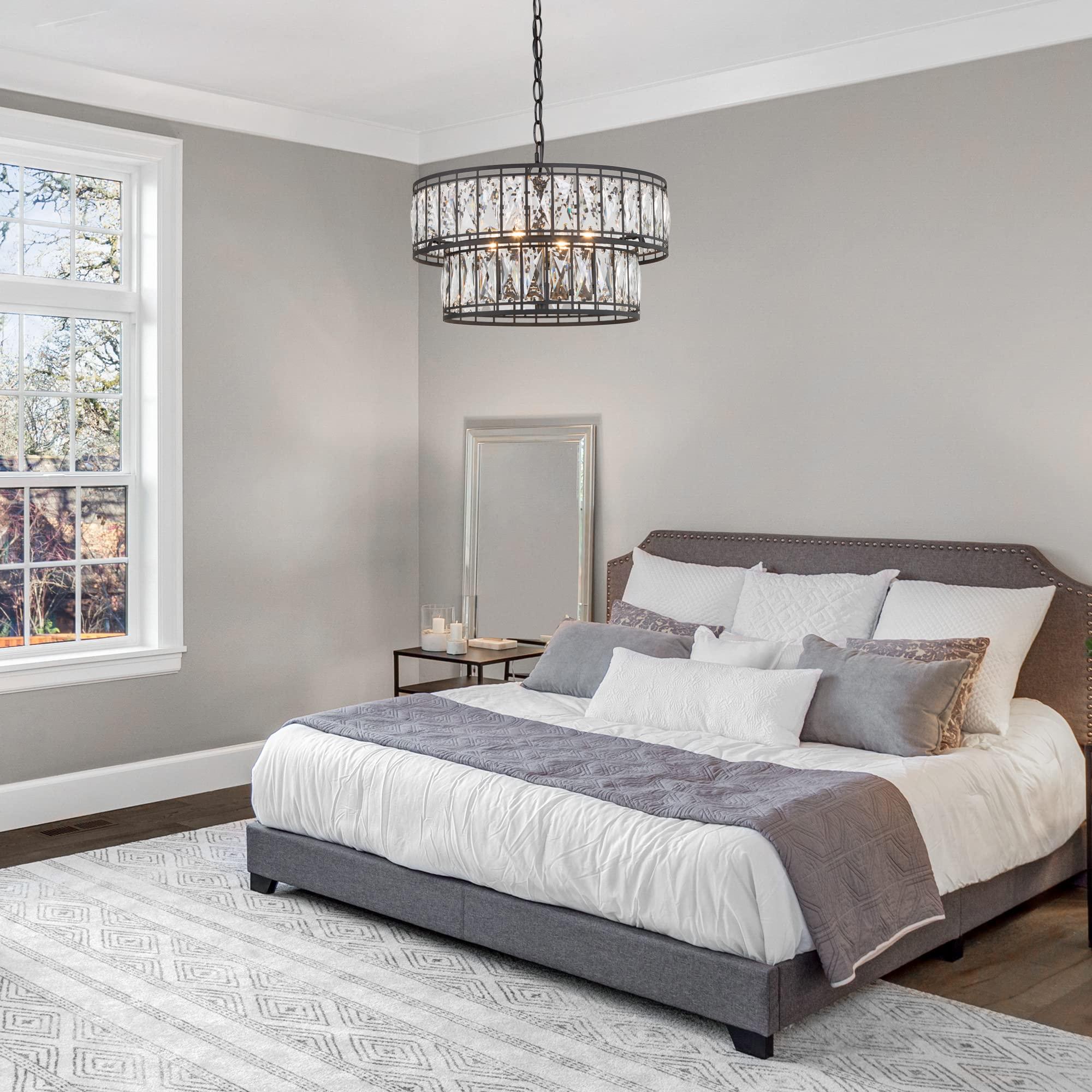 Crystal Chandelier for Dining Room, 4-Light Round Chandelier 2-Tier, 15.5" Dia