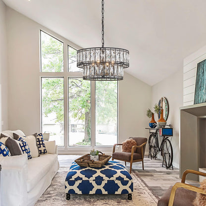 Crystal Chandelier for Dining Room, 4-Light Round Chandelier 2-Tier, 15.5" Dia