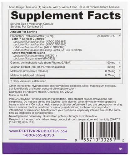 Peptiva 26 Billion CFU Probiotic and Sleep Support - Clinically Validated Multi-Strain Probiotic - Lactobacillus and Bifidobacterium, Melatonin - 30 Count