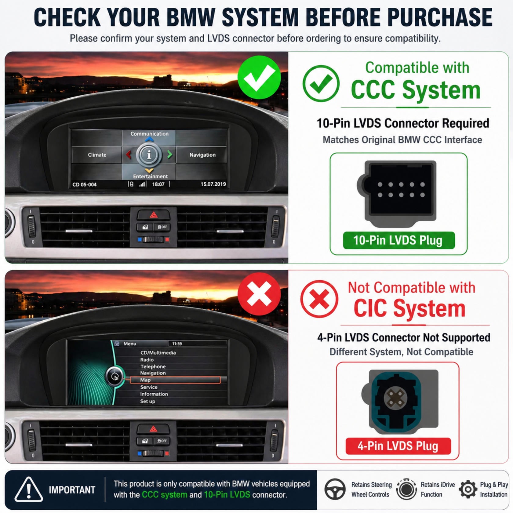 Wireless CarPlay TouchScreen CCC CIC BMW 3/5 Series E90 E91 E92/93 E60 E61 E63