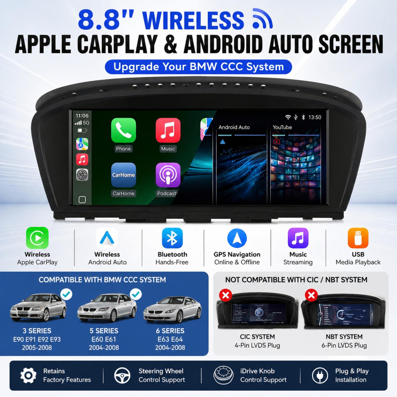 Wireless CarPlay TouchScreen CCC CIC BMW 3/5 Series E90 E91 E92/93 E60 E61 E63