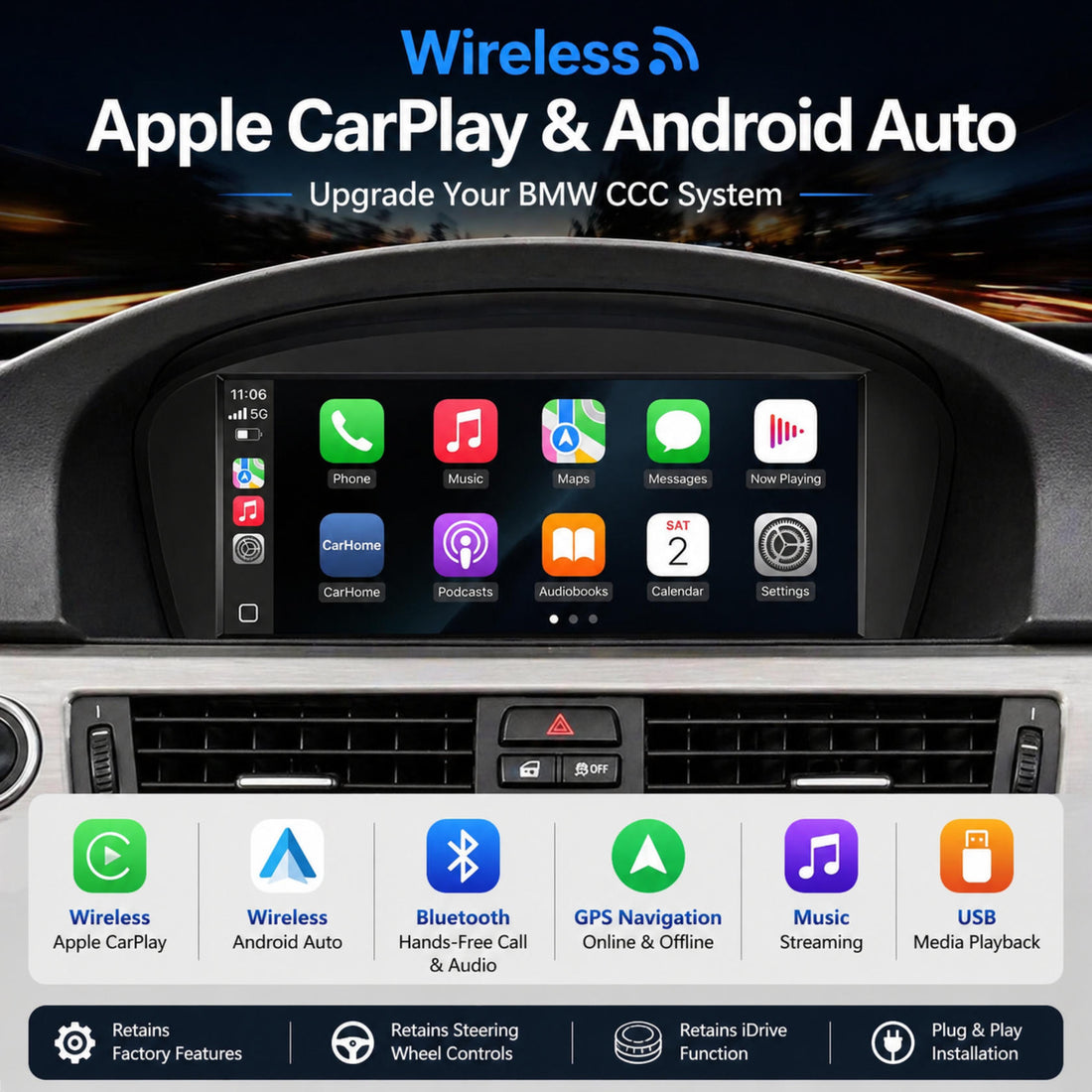 Wireless CarPlay TouchScreen CCC CIC BMW 3/5 Series E90 E91 E92/93 E60 E61 E63