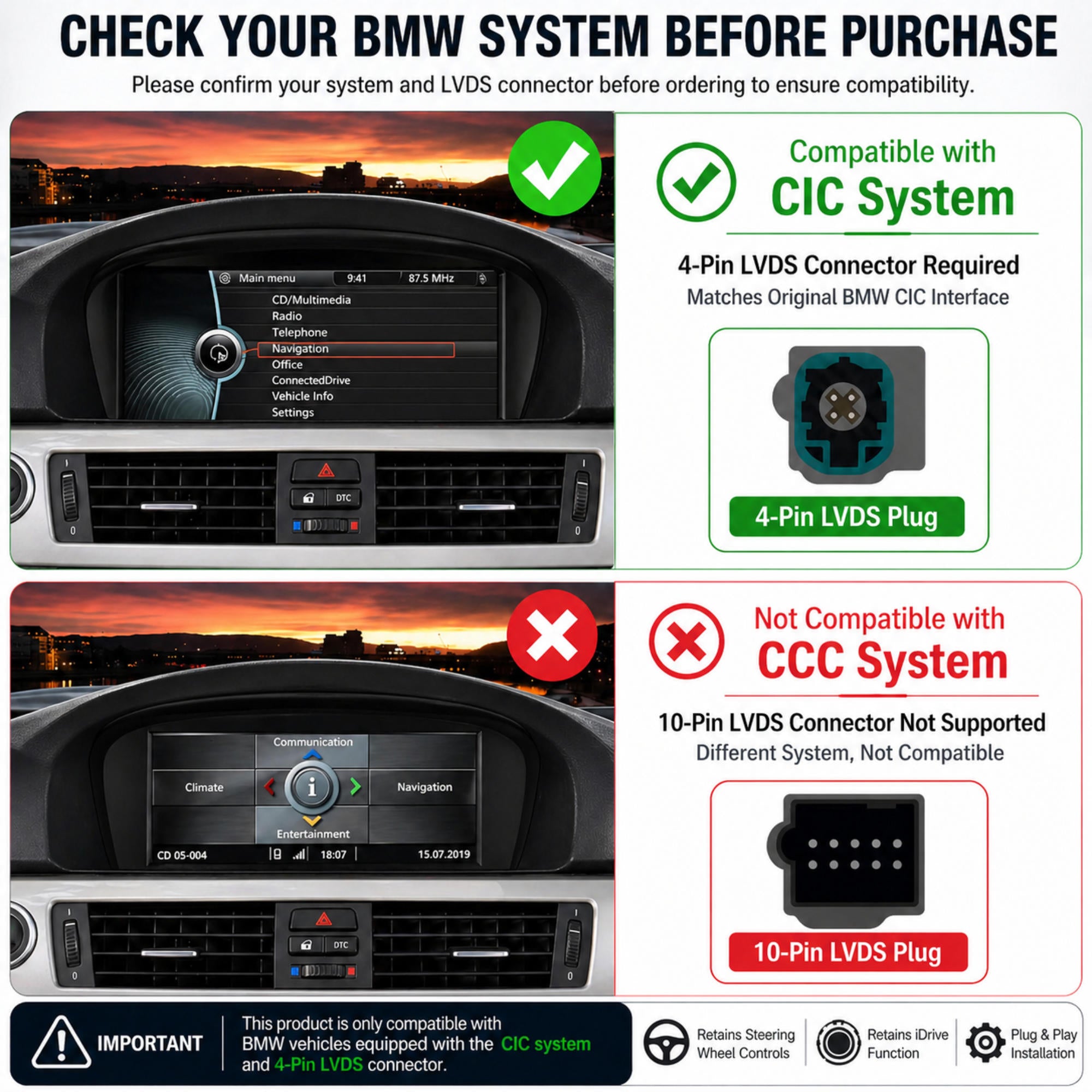 Wireless CarPlay TouchScreen For CIC BMW 3/5 Series E90 E91 E92/93 E60 E61 E63