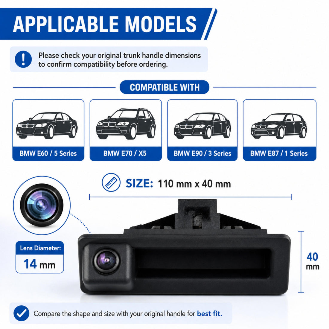 AHD 720P Trunk Handle Backup Camera for BMW 3 5 Series X5 X6 E90 E92 E60 E70 E82 E88 E84 E91 E93 E61 E39 IP68 Waterproof Rear View Camera