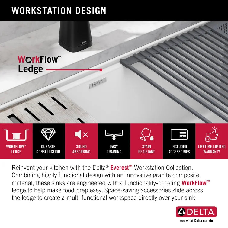 Delta Everest™ 75B933-33S-WH 32" L Granite Composite Workstation Kitchen Sink Undermount Single Bowl