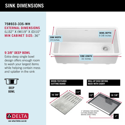 Delta Everest™ 75B933-33S-WH 32" L Granite Composite Workstation Kitchen Sink Undermount Single Bowl