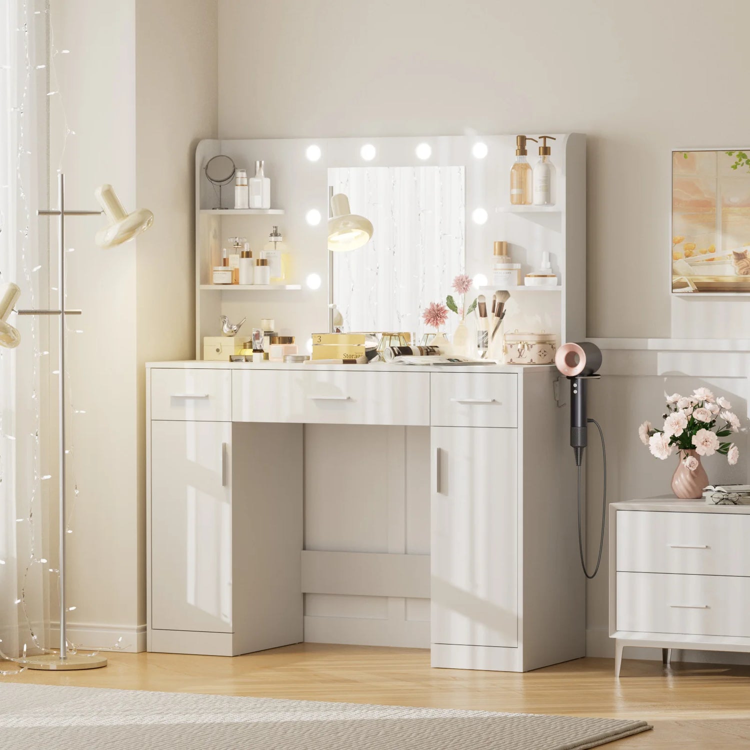 Vanity Desk with Mirror, LED Lights &amp; Adjustable Brightness, Bedroom Dresser