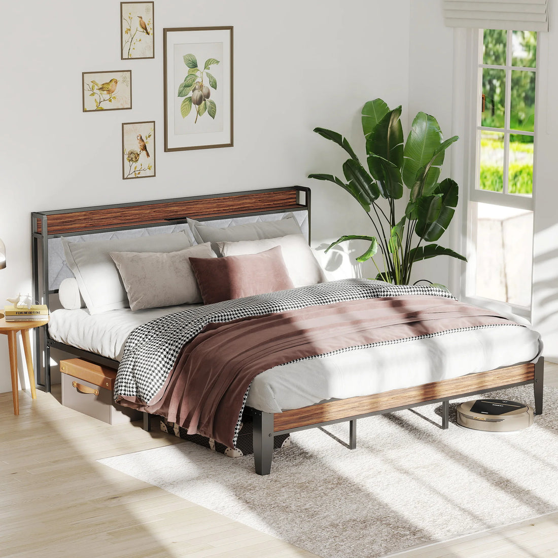 Soft Pack Heavy Duty Metal Bed Frame with Headboard Charging Station For Bedroom