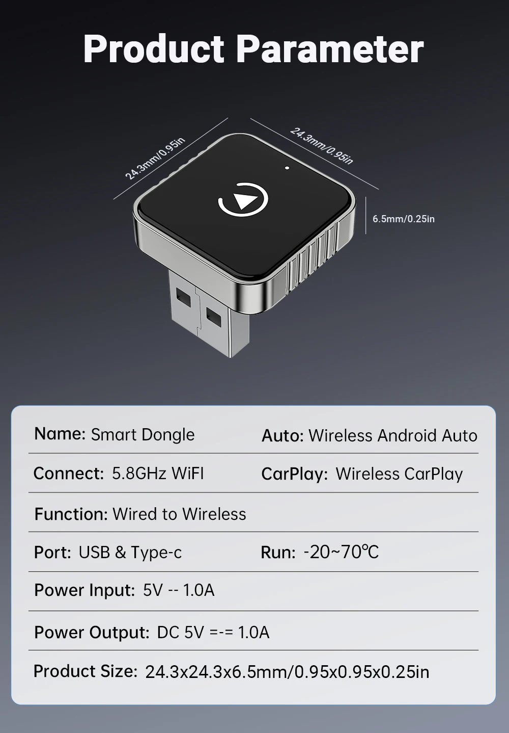 Mini CarPlay AI Box 2-in-1 Wired to Wireless CarPlay &amp; Android Auto Adapter 5GHz WiFi