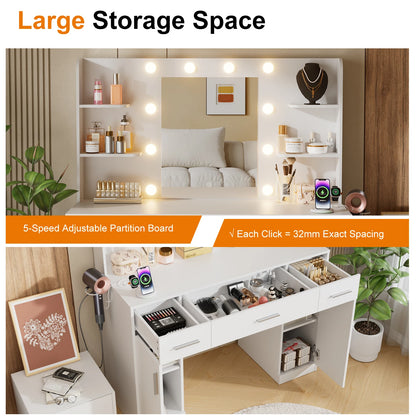 Vanity Desk with Mirror, LED Lights &amp; Adjustable Brightness, Bedroom Dresser