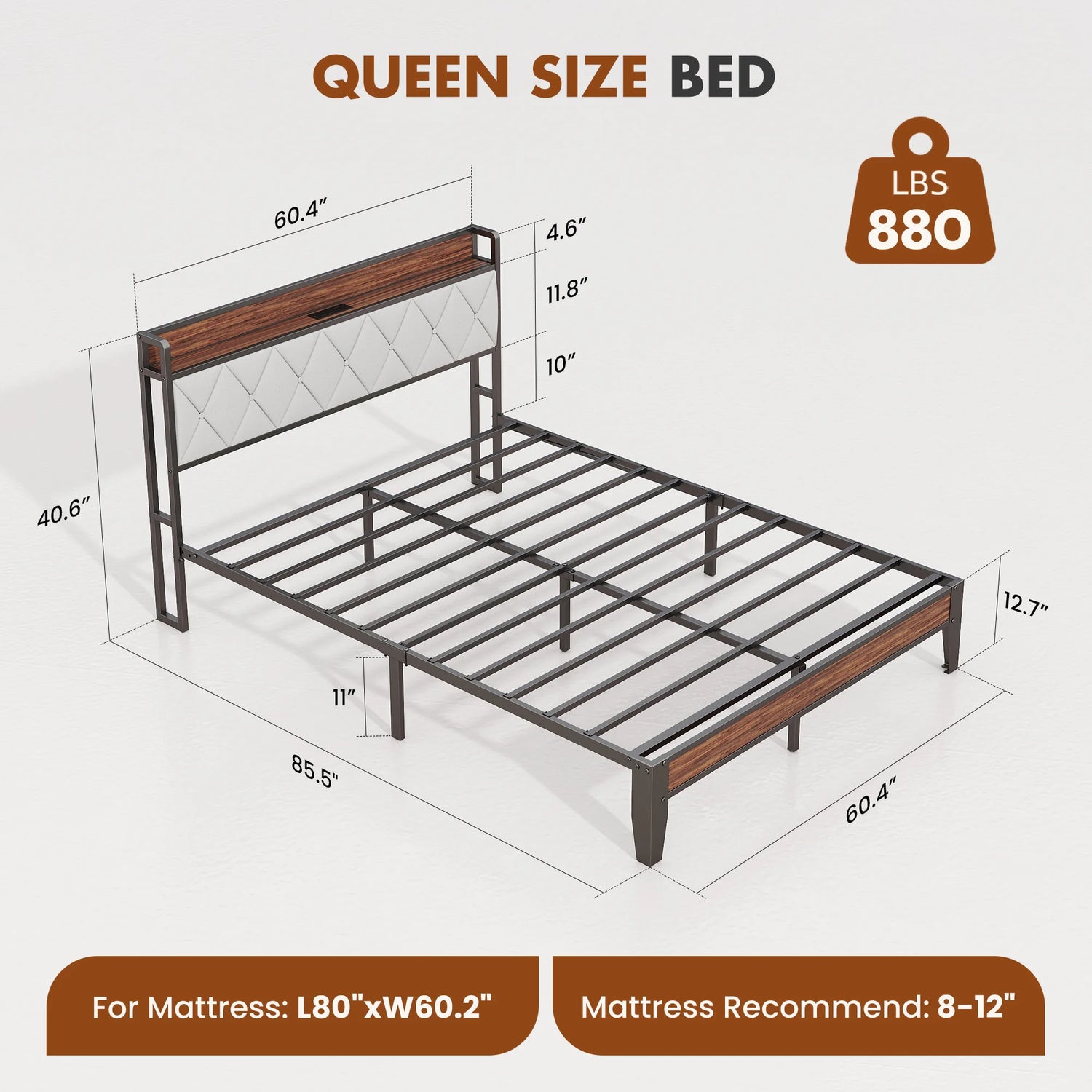 Soft Pack Heavy Duty Metal Bed Frame with Headboard Charging Station For Bedroom