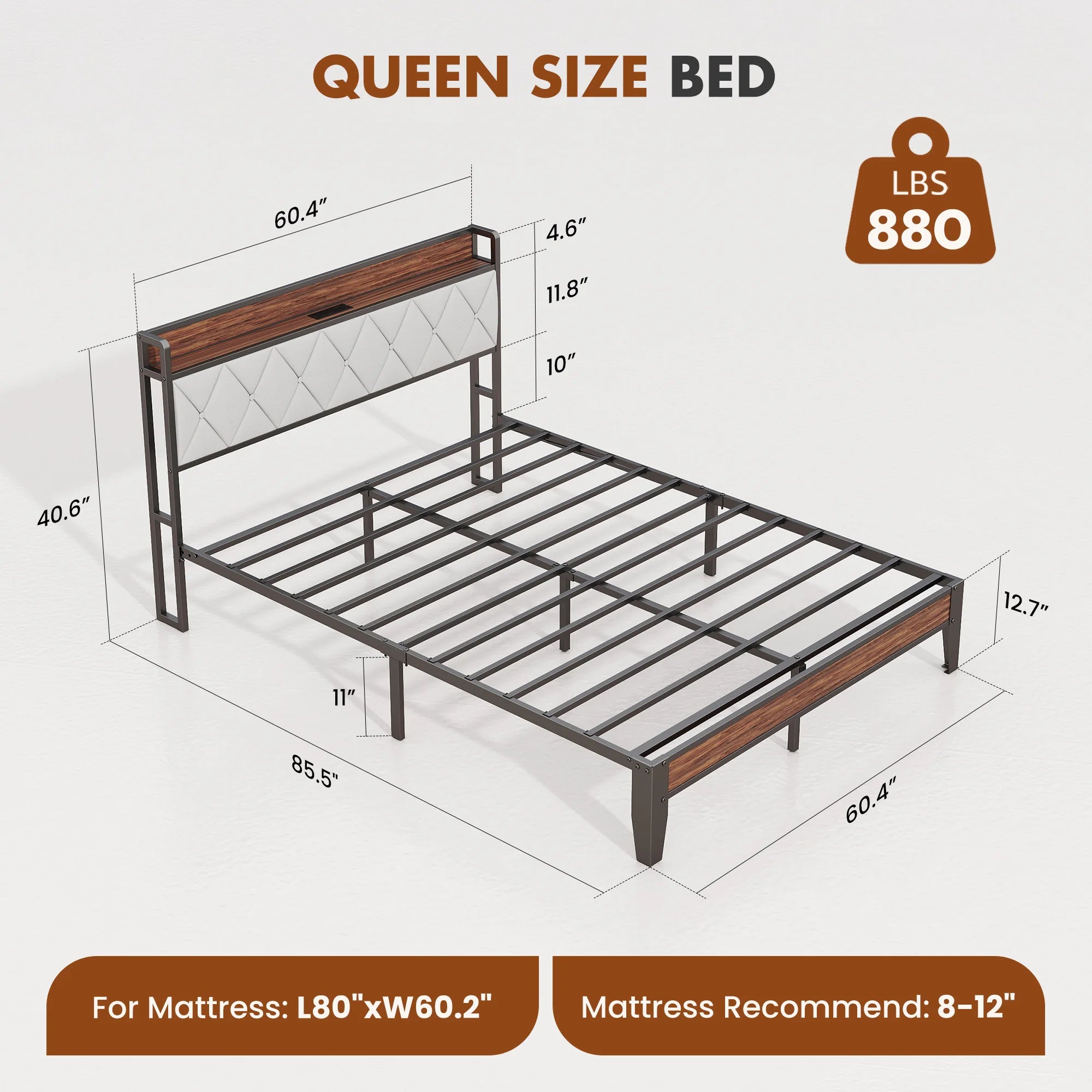 Soft Pack Heavy Duty Metal Bed Frame with Headboard Charging Station For Bedroom