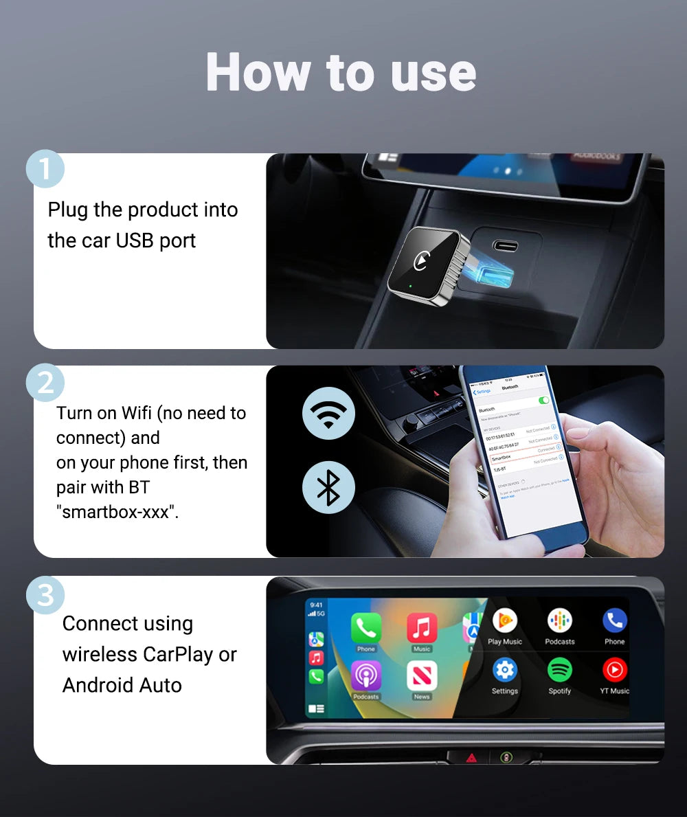 Mini CarPlay AI Box 2-in-1 Wired to Wireless CarPlay &amp; Android Auto Adapter 5GHz WiFi