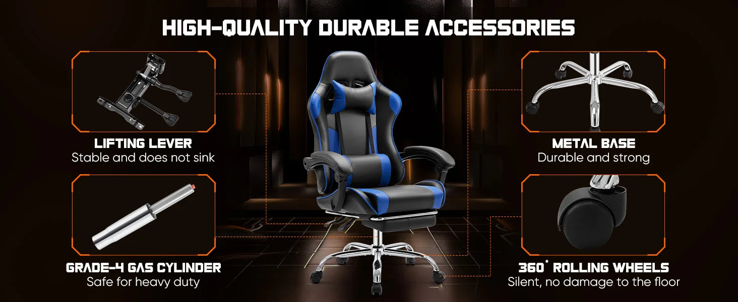 Gaming Chair with Adjustable Swivel PU Leather with Headrest and Lumbar Support