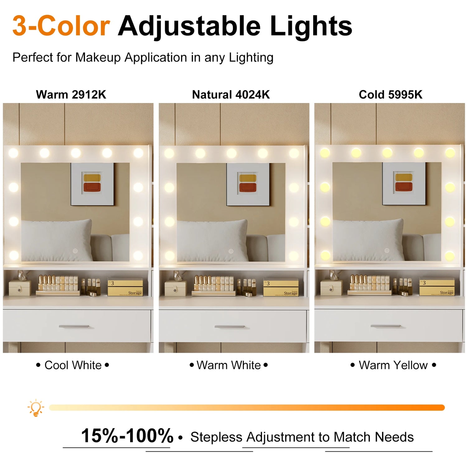 Vanity Desk with Mirror, LED Lights &amp; Adjustable Brightness, Bedroom Dresser