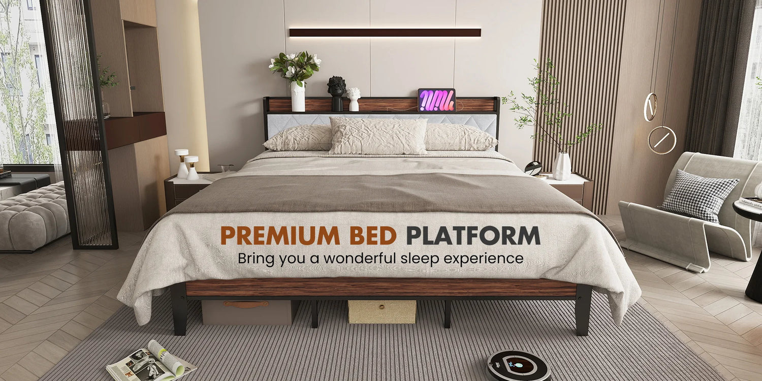 Soft Pack Heavy Duty Metal Bed Frame with Headboard Charging Station For Bedroom