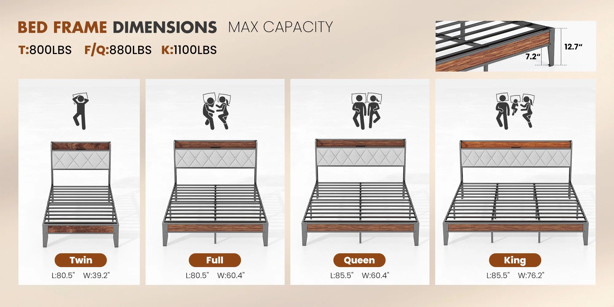 Soft Pack Heavy Duty Metal Bed Frame with Headboard Charging Station For Bedroom