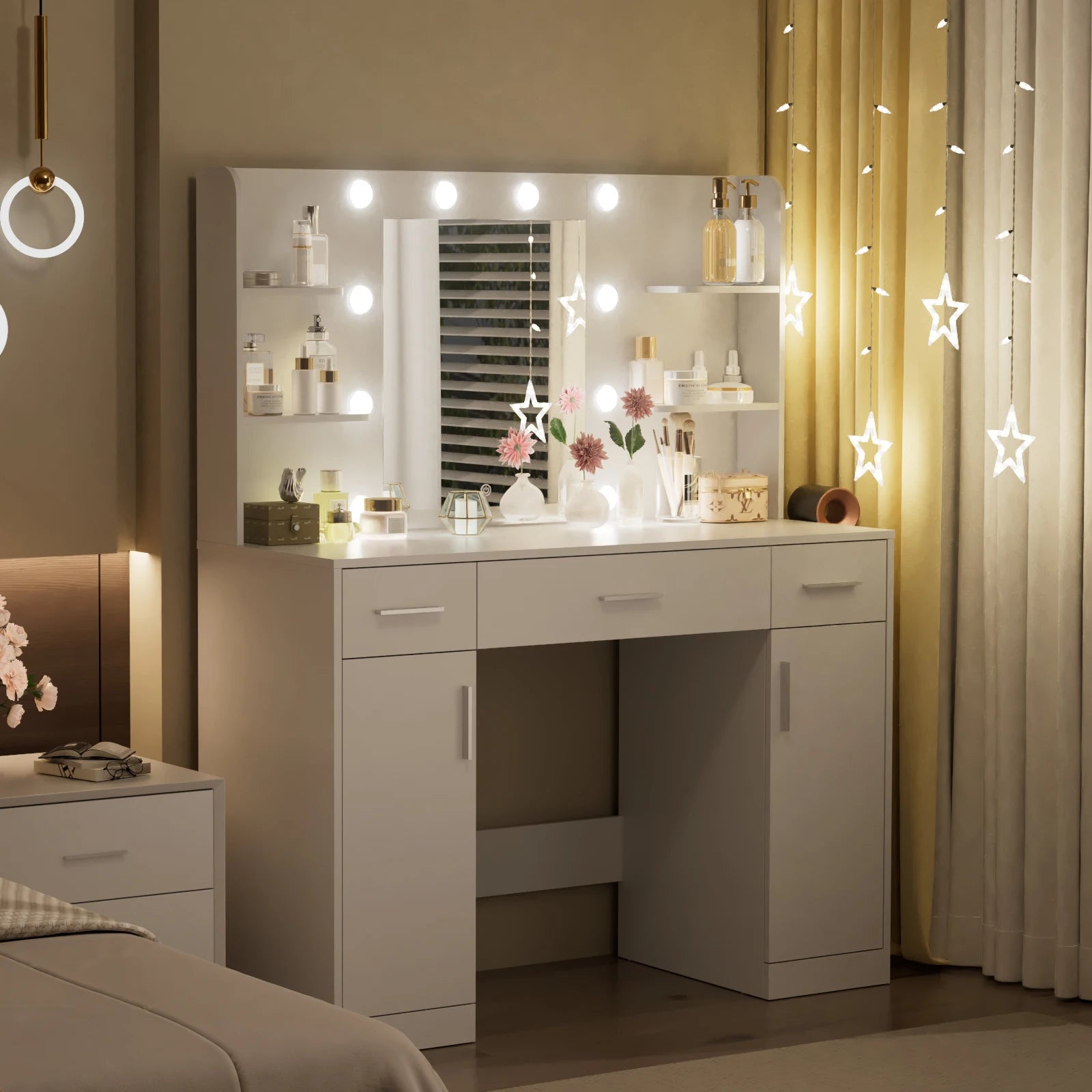 Vanity Desk with Mirror, LED Lights &amp; Adjustable Brightness, Bedroom Dresser